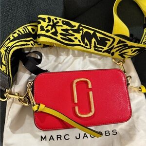 Marc Jacobs Red Crossbody Bag with Graphic Yellow Strap
